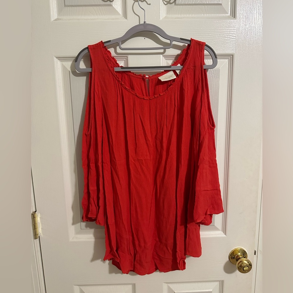 Chicos Red Long Sleeve Blouse with Shoulder Cut Outs!